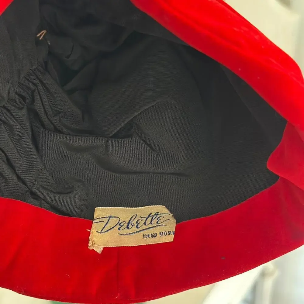 Debette New York Red Velvet Drawstring Turban Hat 1950s Silver Floral Tips - Picture 3 of 4